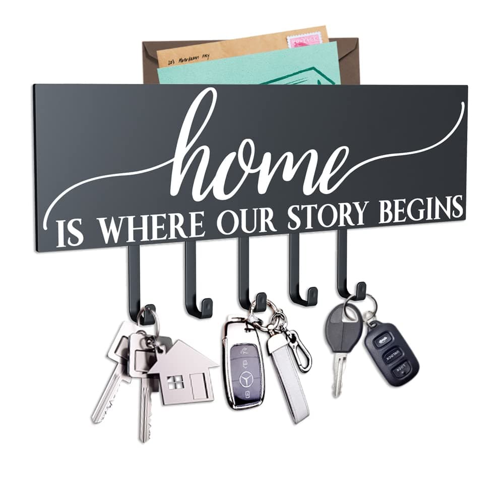 Black Key Holder For Wall With Hidden Mail Organizer - Decorative and Unique 5 Key Rack Hooks