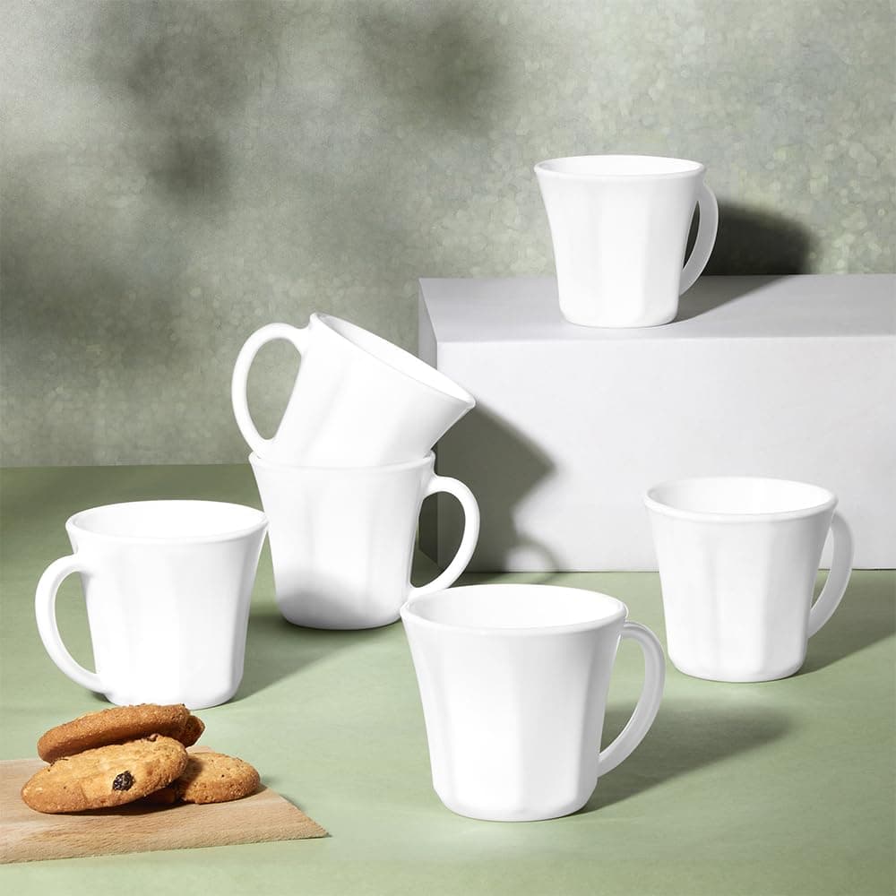 Octa Opalware Mug, Set of 6 Tea/Coffee Mugs, 120 ml Each, Microwave & Dishwasher Safe, Bone-Ash Free, Crockery Set Ideal for Daily Use & Gifting, White