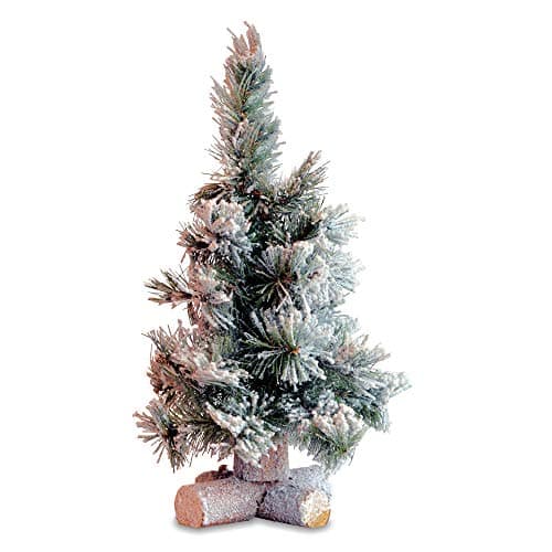 Whole House Worlds Snowy Spruce Mini Table Top Tree, Criss-Cross Rustic Sawed Stick Base, Approx. 7 D x 13 3/4 H inches (35 cm) Handcrafted, 30 Tips, Durable Floral Grade PE