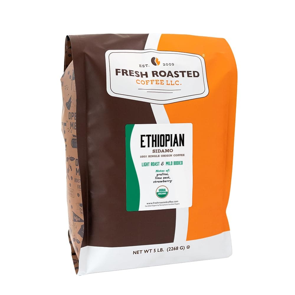 Fresh Roasted Coffee, Organic Ethiopian Sidamo | USDA Organic, 100% Single Origin, Kosher | Light Roast 5 lb (80 oz) Whole Bean