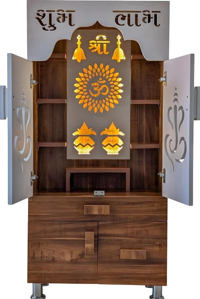 SHLOK Modern Temple with Decorative LED Light Engineered Wood Home Temple (Height: 130, Pre-Assembled)