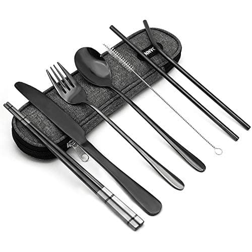 Annvchi Portable Utensils Set, Travel Silverware Portable Set with Case and Straw, Straight Straw, Knife, Fork, Spoon, Chopsticks, Cleaning Brush 8 Piece (PURPLE)