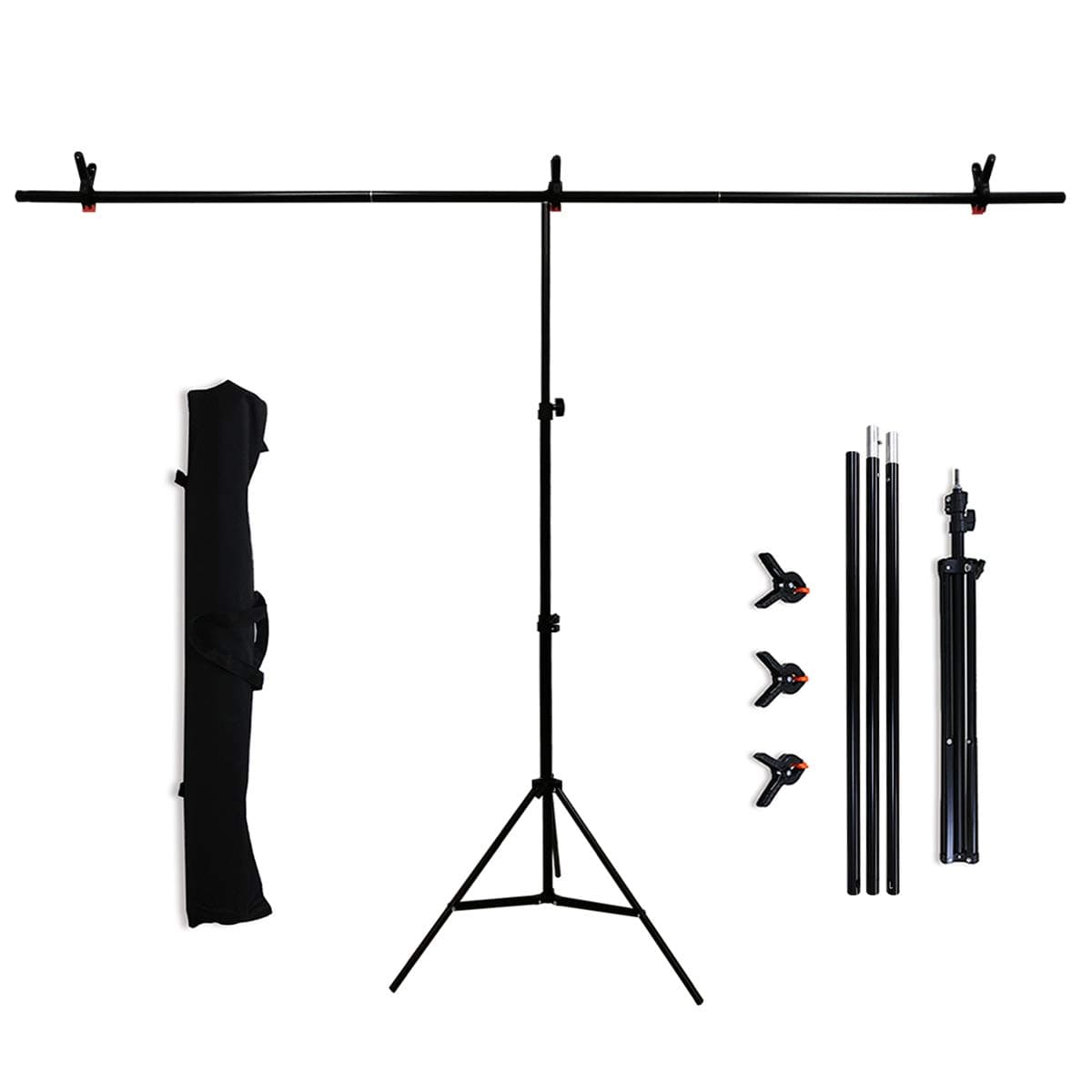 T-Shape Black Aluminum Alloy Backdrop Stand, 6.56×6.56ft Backdrop Stand for Parties, Adjustable Portable Photography Backdrops, Heavy Duty Photo Backdrop Stand Kit（with 3 Spring Clamps PQ001
