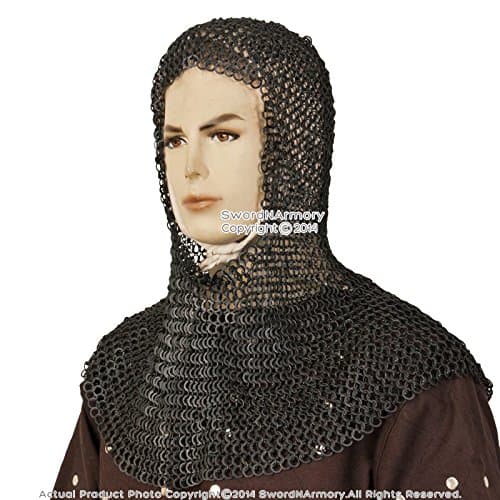 Medieval Gear Brand Black Medieval Chainmail Coif Head Neck Protector Round Ring Round Riveted SCA