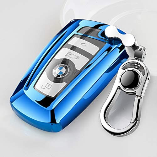 Tpu Silicone Full Protective Car Key Fob Cover for BMW，3 Buttons Remote Control Smart Key Case with Leather Keychain, Compatible with BMW 1/3/4/5/6/7 Series and X3/X4/M5/M6/GT3/GT5,etc.-Blue