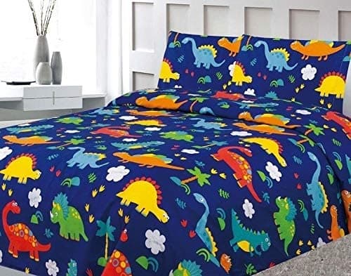 3 Piece Twin Size Dinosaurs Theme Print Sheet Set with Fitted, Flat and 1 Pillow Case, Blue Green Boys Kids Bedding Sheet Set, Twin Sheet Dinosaur