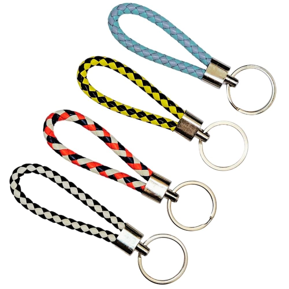 Purr Charm4 Packs PU Leather Keychain with 1.2" Stainless Steel Keyring for Men and Women - Unisex Colorful Braided Creative Accessories for Car Key - Decoration Lanyard Strap for Bag Wallet Purse