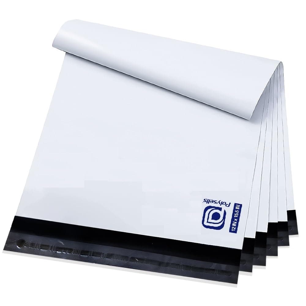 POLYSELLS 100 Pack 12x15.5 Inch White Poly Mailers Shipping Envelopes, Strong Adhesive Sealing, Waterproof, and Tear-resistant Postal Mailing Bags for Clothing, Books, and Accessories