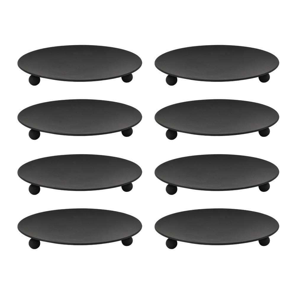 Iron Plate Candle Holder, Black, Decorative Iron Pillar Candle Plate, Set of 8, 4.75 inches D x .7 inches H, Pedestal Candle Stand for LED & Wax Candles, Incense Cones, Spa, Weddings