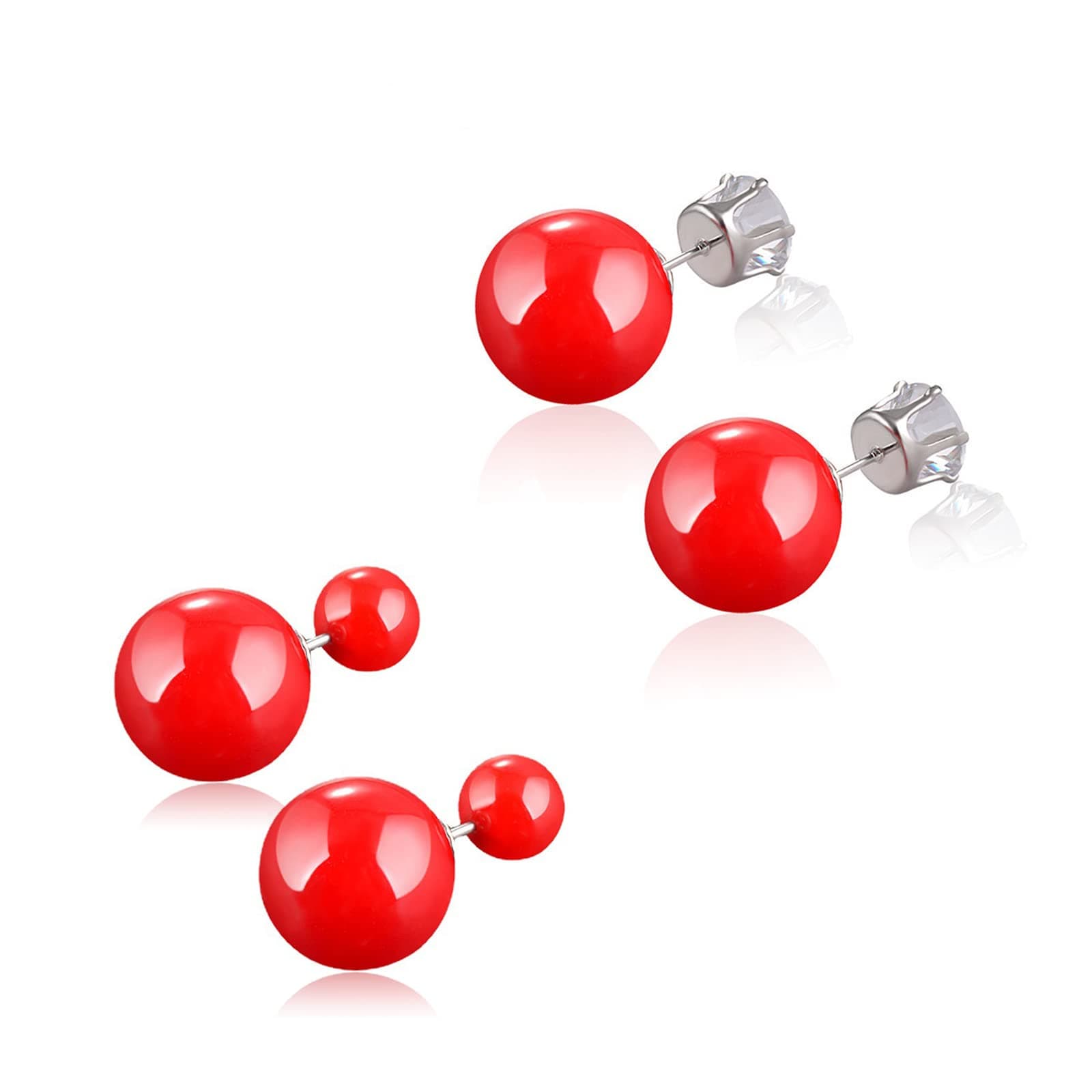 Krstudent Women's Pearl Crystal Double Sided Stud Earrings (2 Pairs, Red)