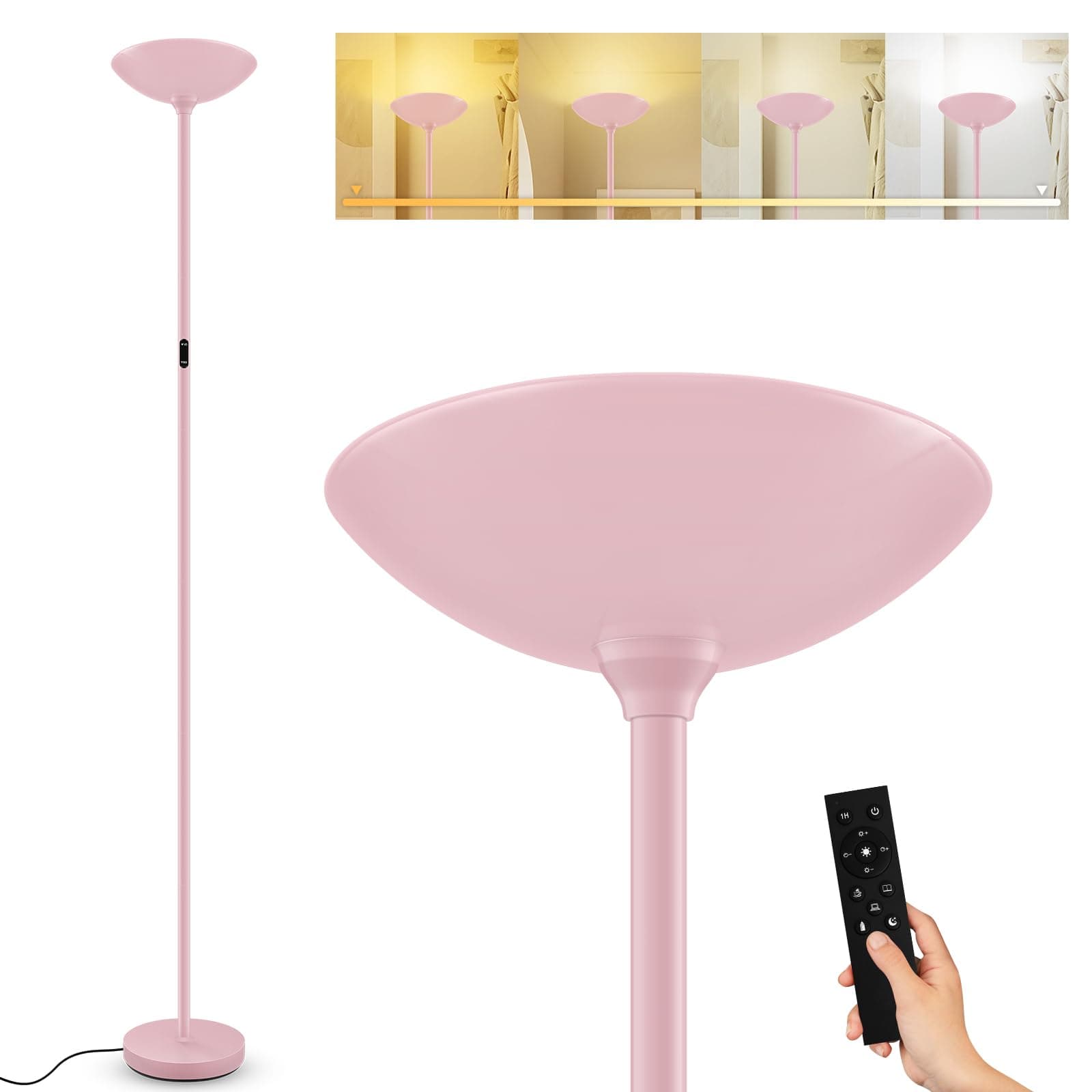 Stepless Dimmable Floor Lamp,30W 3000LM Super Bright LED Torchiere Floor Lamps with Remote & Touch Control,71 in Tall Modern Standing Lamp for Living Room Bedroom Office,2700k-6500k,Pink