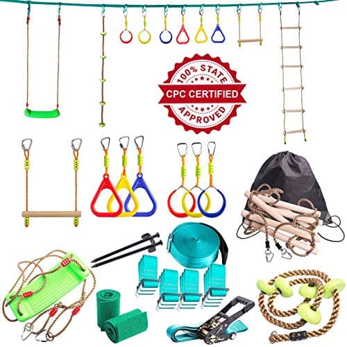 Ninja Line Backyard Obstacle Training Course 50' Slackline – The Most Complete Hanging Monkey Bars kit for Kids with Ladder, Rope and Swing - Portable Training Equipment Gift Set for Kids (Turquoise)