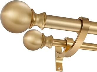 Warm Gold Double Window Rod, 144-164 Inch Adjustable Telescoping Curtain Rod with Round Finials