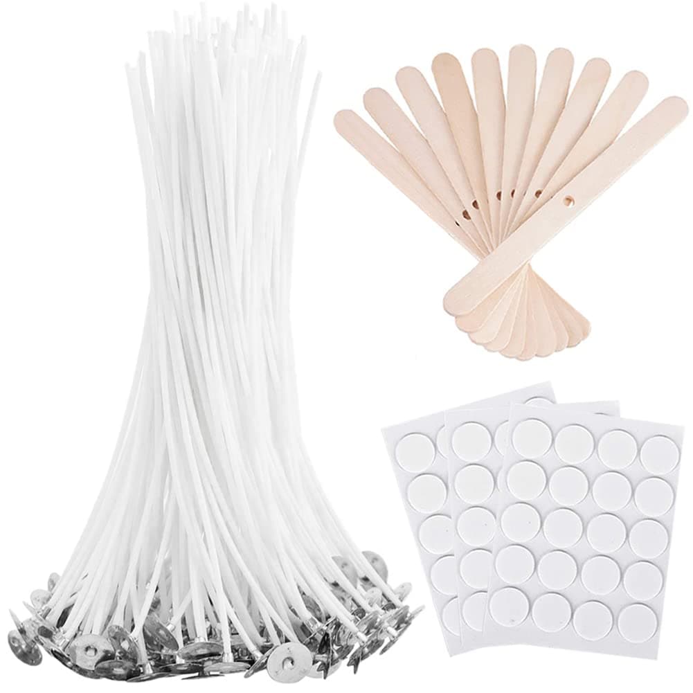 Bulk Candle Wicks 100 Pcs 6 inch with 60Pcs Candle Wick Stickers and 10 Pcs Wooden Candle Wick Centering Device for Soy Beeswax Candle Making