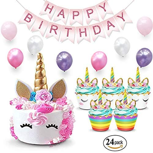 Unicorn Cake Topper & Rainbow Cupcake Wrappers Kit (Set Includes Horn, Ears, Eyelashes) + Happy Birthday Banner Decor | Unicorn Theme Decorations & Supplies Pack - Favors For Kids Party