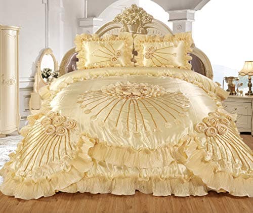 Empire Home Hiyam 3 Piece Real 3D Comforter Set Bedspread Flower Ruffle Oversized Queen/King (Gold, Queen)