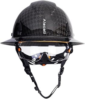 Carbon Fiber Hard Hat Full Brim with Goggles- Safety Helmet with 6-Point Adjustable Ratchet Suspension- ANSI Z89.1 Compliant