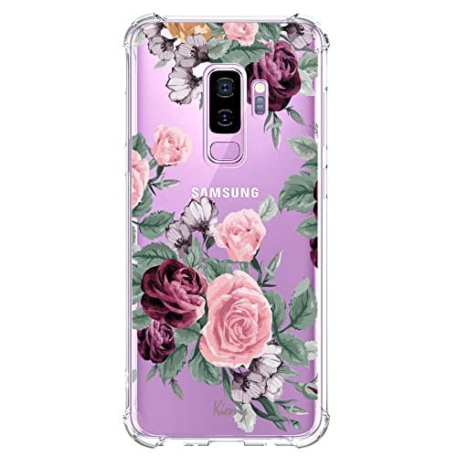 KIOMY Clear Case for Samsung Galaxy S9 Plus /S9+, Shockproof Bumper Protective Cell Phone Back Cover with Airbag Corners, 【Hybrid Design】 Hard PC Back with Flexible TPU Frame, Cute Purple Flowers