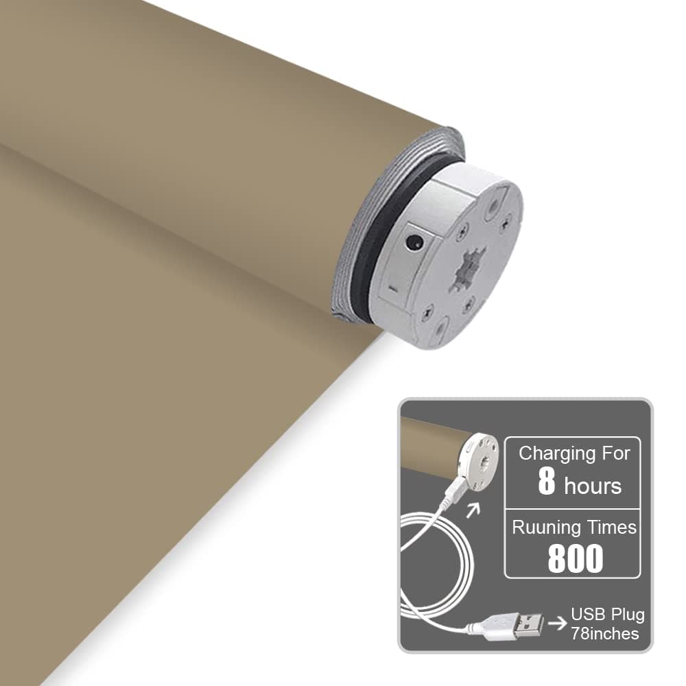 Motorized Blackout Valanced Window Shades, Remote Control Wireless and Rechargeable Roller Blinds with Top Valance, UV Protection Stone Color Fabric Roller Shades for Windows, Doors, French Door