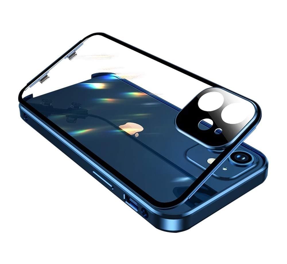 HENGHUI Anti-Peeping Case with Safety Locks for iPhone 12 Pro Max Glass Case Double Sided Glass with Camera Lens Protector Aluminum Bumper Case 360 Full Body Privacy Screen Protector (12ProMax, Blue)