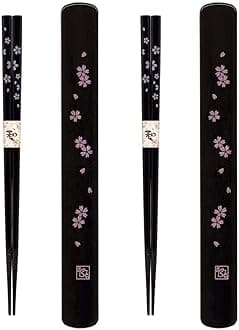 3643, Portable Chopsticks with Case Reusable Chinese Korean Japanese Bamboo Travel Chop Sticks Utensil Dishwasher Safe Made in Japan, Sakura Pattern, Set of 2