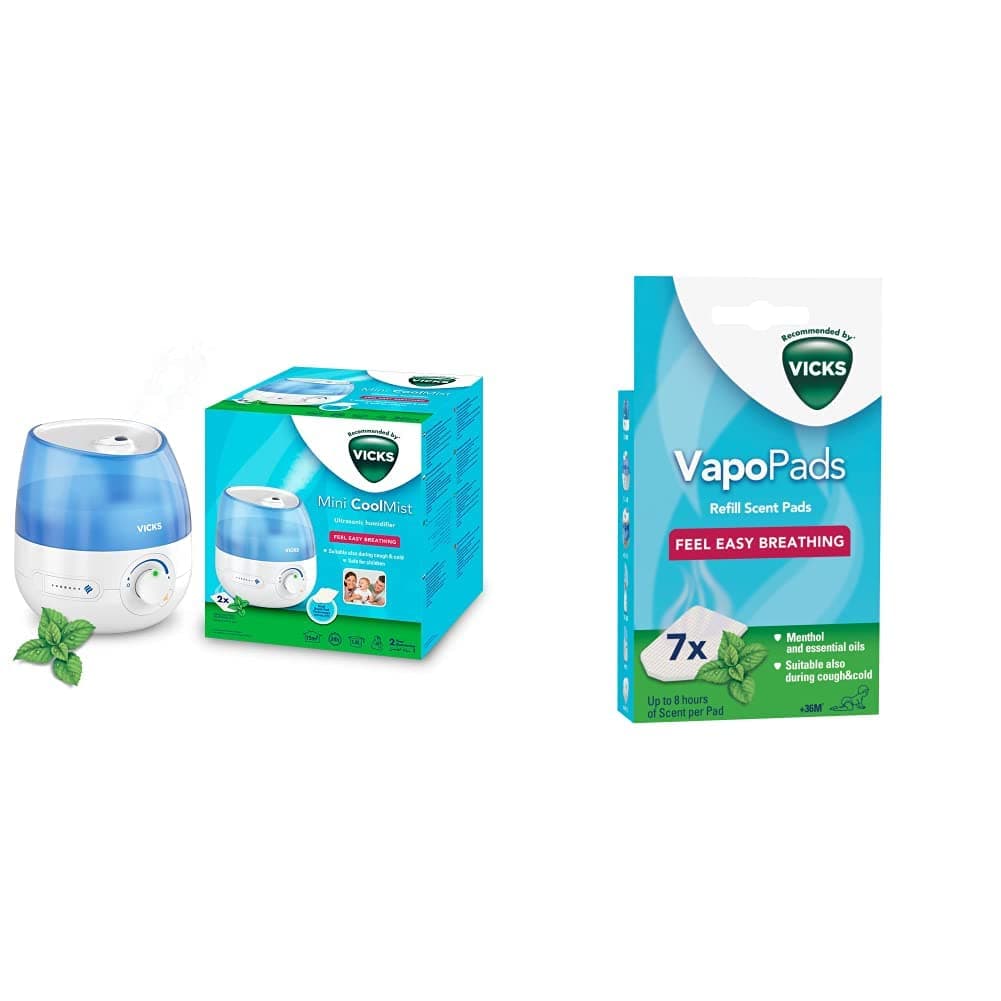 Mini Cool Mist ultrasonic humidifier - Adjustable mist control - 1.8 L Tank - Rooms to 15m2 -VUL525 & VapoPads Menthol - Scented pads with essential oils - 7 pack VH7