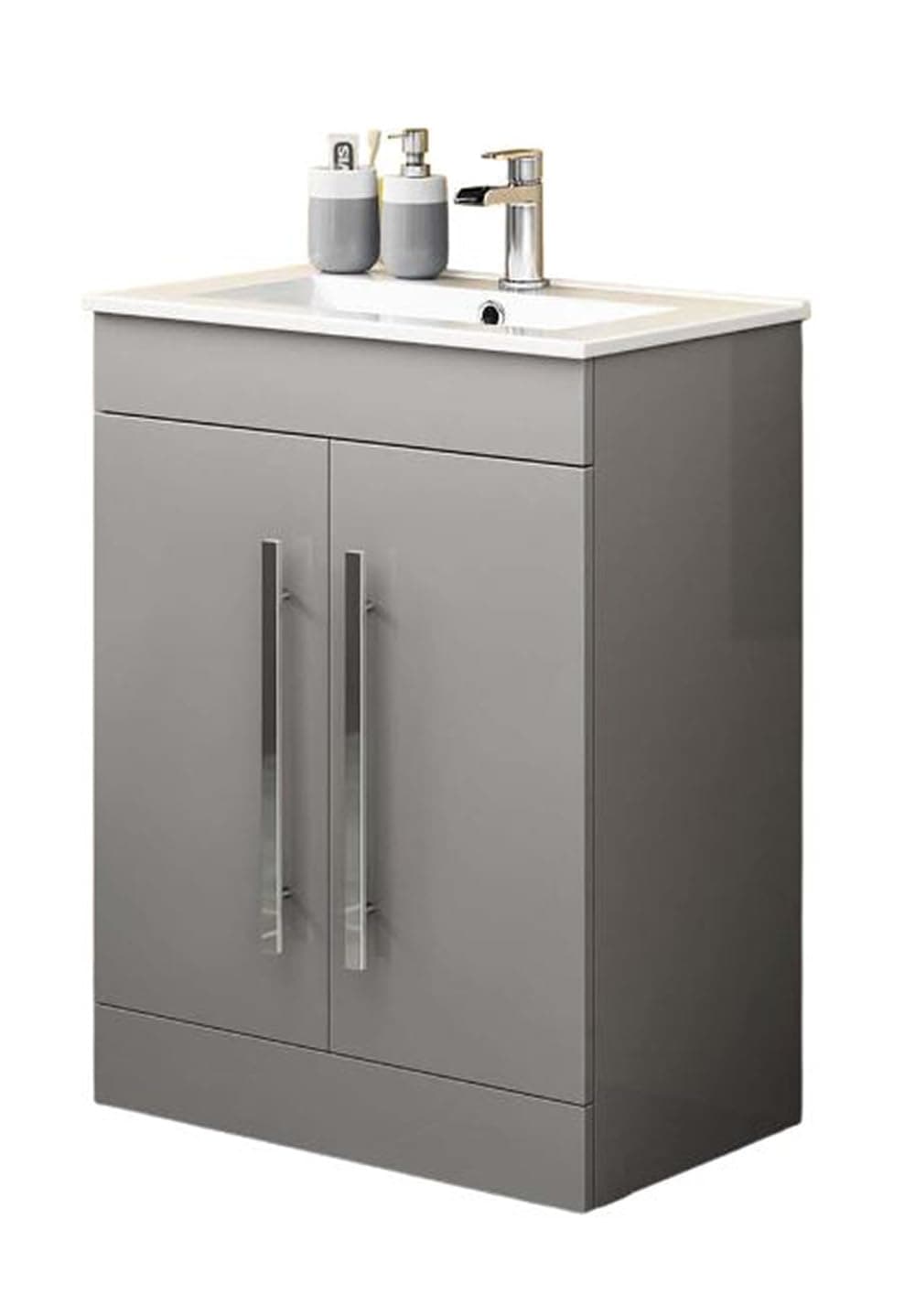 – iBathUK Avon Vanity Unit with Basin, Slim Edge Ceramic Wash Basin for Bathroom Furniture, Storage Cabinet with 2 Doors- Gloss Light Grey (Flat Pack)