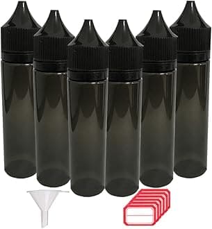Squeezable 60ml Empty Drop Bottle Food Grade PET Transparent Black Plastic Bottle with Childproof Tampering Black Cap with Funnel Sticker Labels (6 Pack)