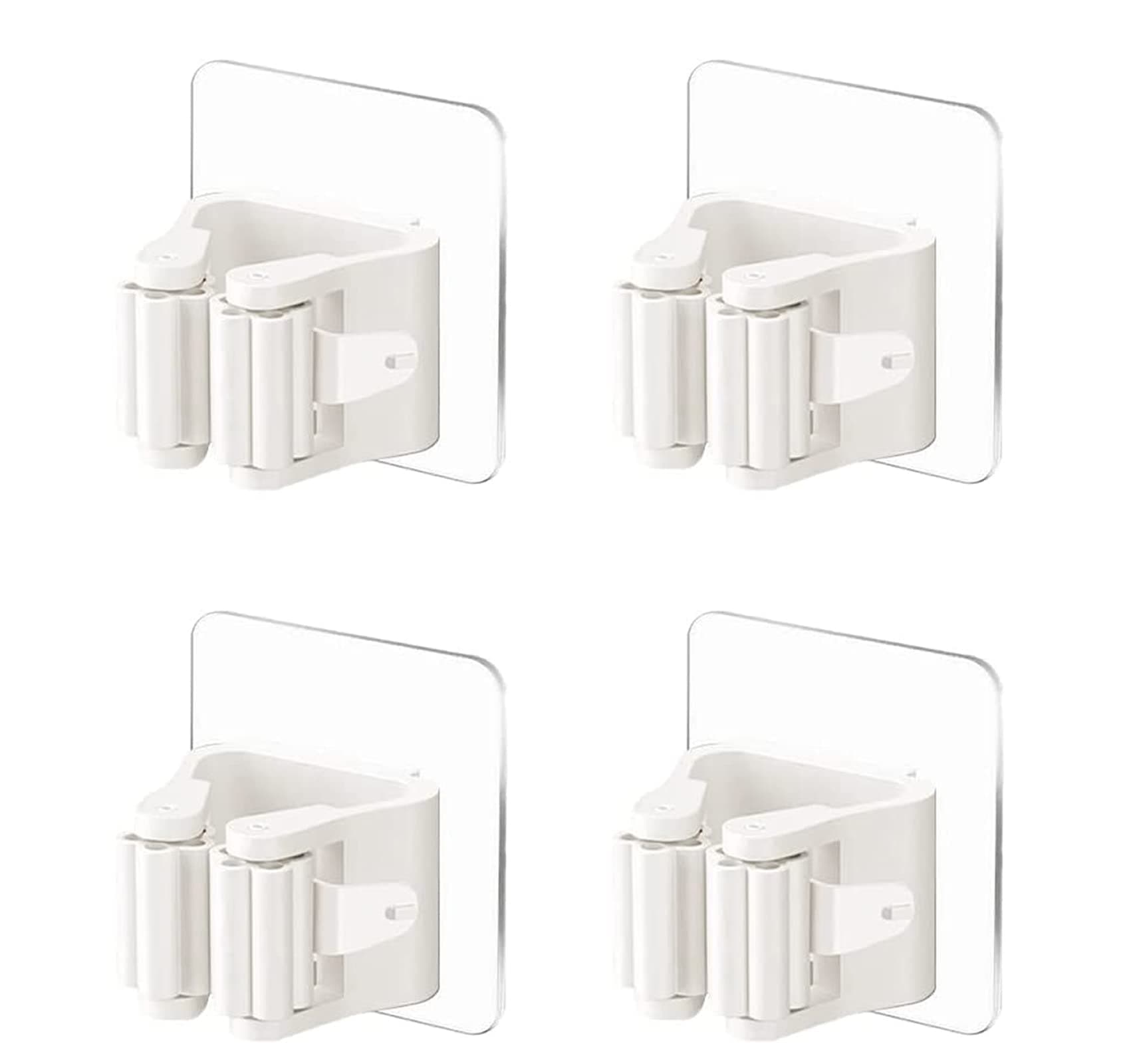 4Pcs Self Adhesive Mop Holder Broom Holder Wall Mounted White Mop And Broom Holder No Drill Wall Mounted Organizer Clip Wall Mount Broom Clips Broom Clips Without Drilling for Kitchen bathroom