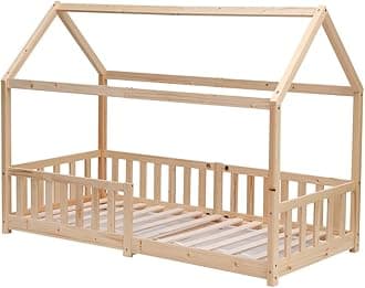 Pine Wood House Bed for Kids with Guardrail,Decorative Floor Bed, 3FT Single Bed Frame for Children Girls and Boys (natural)