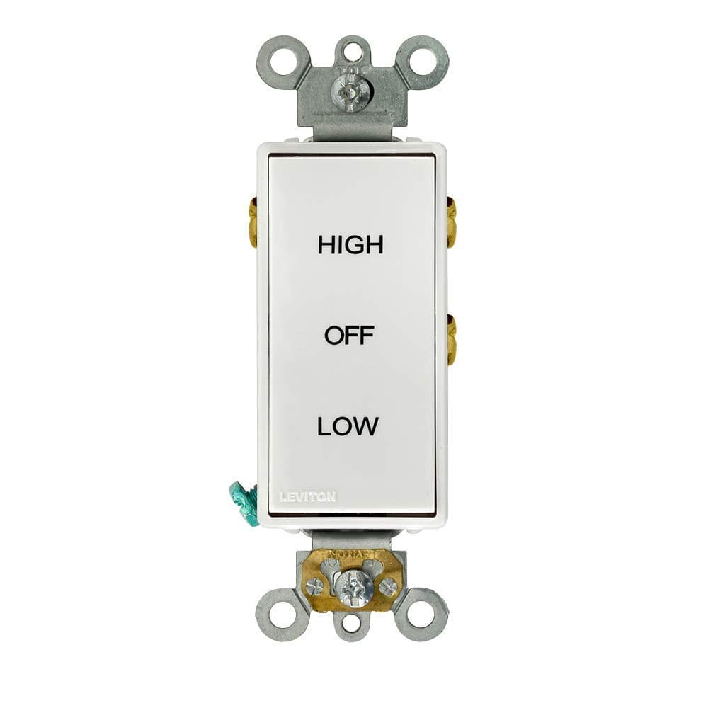 Leviton 5685-W 15 Amp, 120/277 Volt, Decora Plus Rocker, Double-Throw Center-OFF, High/Low/Off Markings, Maintained Contact Single-Pole AC Quiet Switch, White