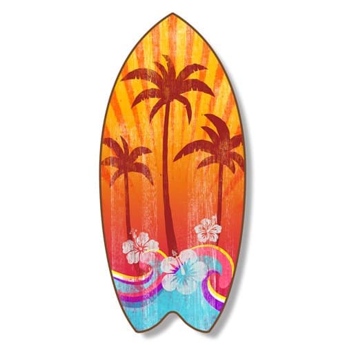 Wood Surfboard Plaque Palm Trees 18x7.5"