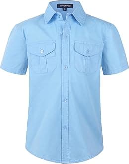 Spring&Gege Boys' Short Sleeve Button Down Shirts for Kids Woven Solid with Two Pockets