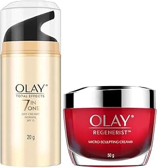 Olay Day Cream Regenerist Microsculpting Moisturiser (NON SPF), 50g & Olay Day Cream Total Effects 7 in 1, Anti-Ageing SPF 15, 20g