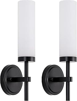 Black Bathroom Wall Sconces Set of 2, Modern Sconces Wall Lighting Vanity Lights with Opal White Glass Shade, Farmhouse Wall Mount Lamp for Mirror Living Room Bedroom Hallway Kitchen Stairs