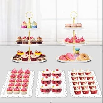 PinCute 5 Pcs Dessert Table Display Set - 2 X Cupcake Stand Holder/Cup Cake Tier Tower & 3 X Serving Tray Combo for Tea Party, Birthday, Baby Shower (Round)