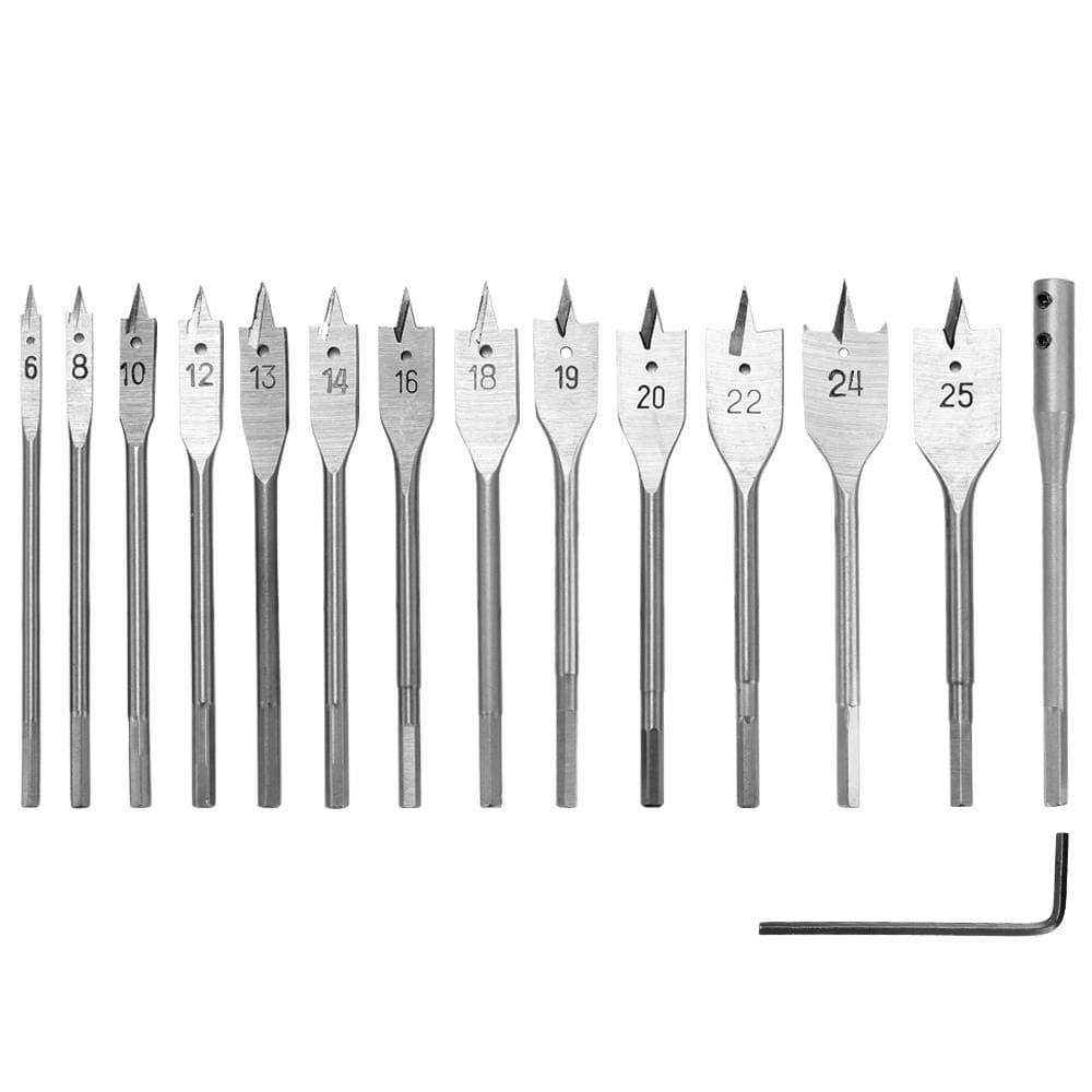 15PCS Paddle Flat Wood Drill Bit High Carbon Steel Spade Hex Shank Cutter Carpenter Tool Spade Drill Bit Set Hole Cutters for Woodworking Power DIY Tools Gift for Carpenter