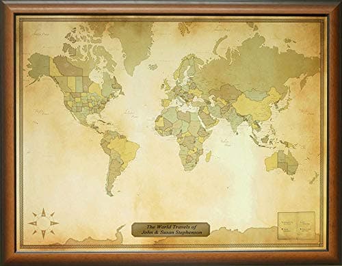 Personalized Push Pin Vintage World Travel Map with Custom Brushed Gold Plaque Apparel