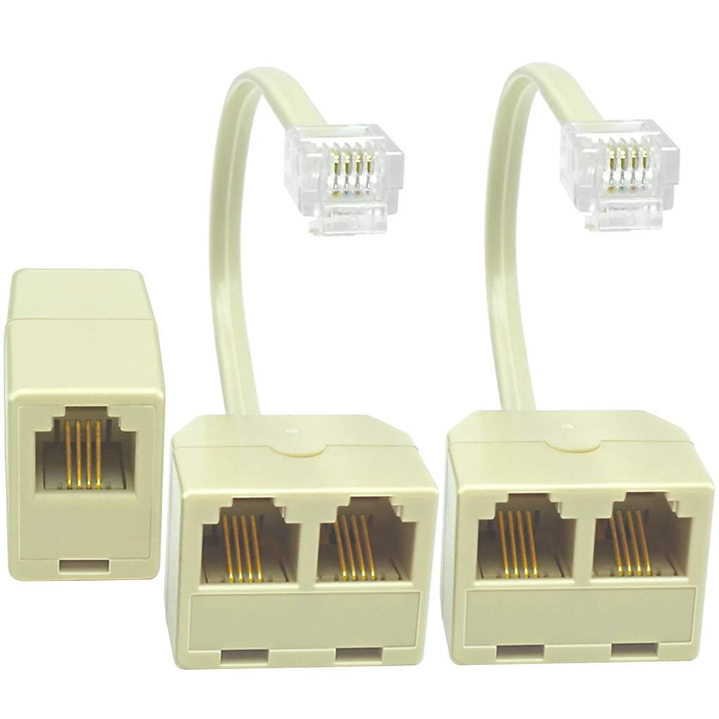 NECABLES 2+1Pack 2pcs Phone Line Splitter 1 to 2 RJ11 6P4C 1 Male to 2 Females with 5in Pigtail and 1pc Phone Line Coupler for Landline and Fax Ivory