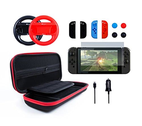 Pegly 13-1 RED Accessories Kit for Nintendo Switch, Including HD Carrying Case,Two Joy-Con Steering Wheels, Car Charger, Joy-con Silicon case and Tempered Glass