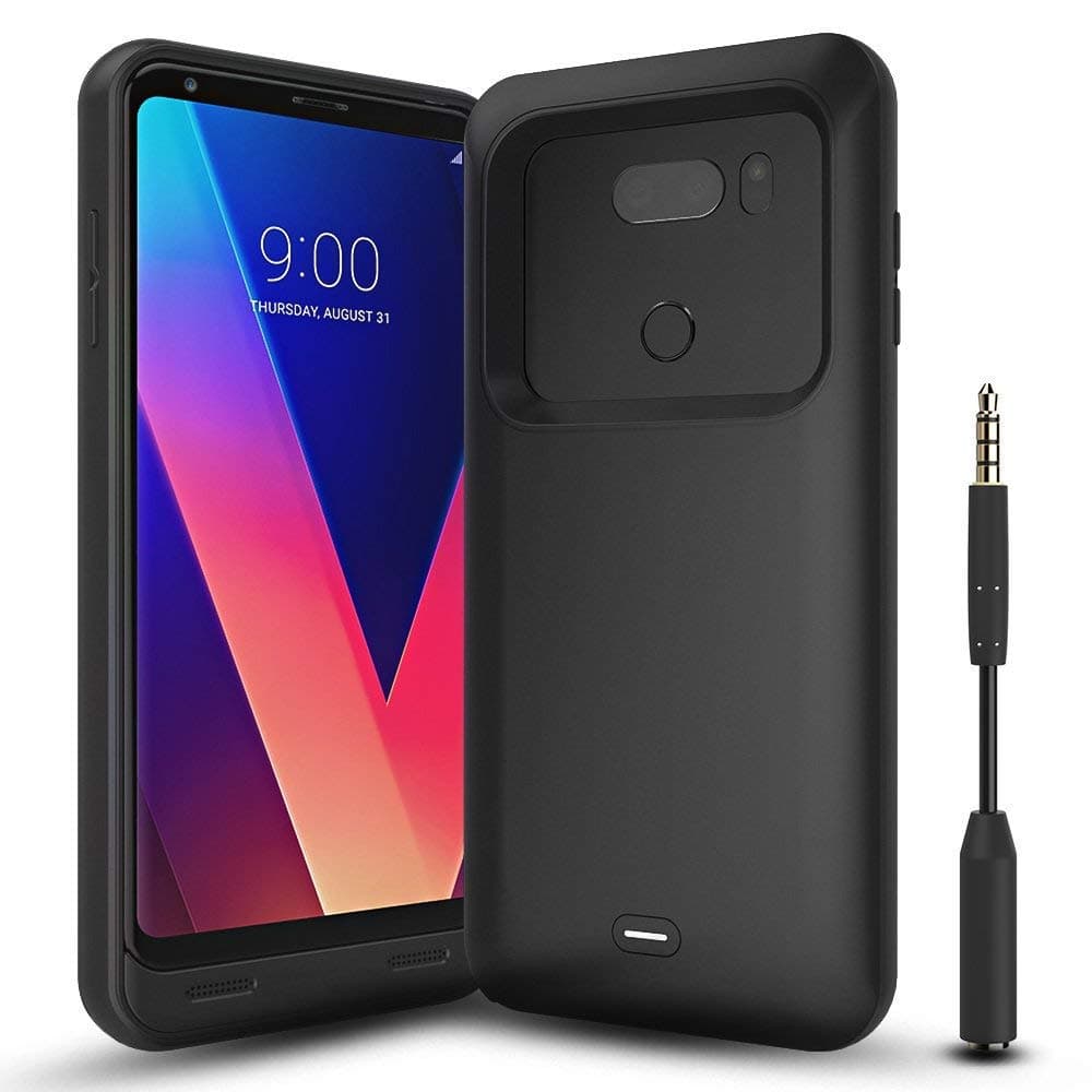 LG V30 Battery Case with Audio Jack Cable, 4400mAh Portable Charger Case Rechargeable Extended Battery Pack Protective Charging Case Compatible LG V30(6 Inch)- Black