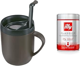 Hot Mug Cafetiere, Plastic/Silicone, Grey, Travel Mug & illy Classico Filter Coffee, Medium Roast, 100% Arabica Coffee Beans, 250g