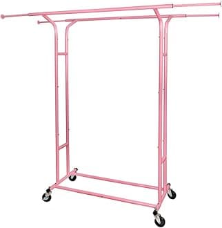 Pink Heavy Duty Double Rod Garment Rack for Hanging Clothes, Rolling Clothes Organizer Commercial Metal with Lockable Wheels Mobile for Coats Dresses Women Girl, Dorm Bedroom Home
