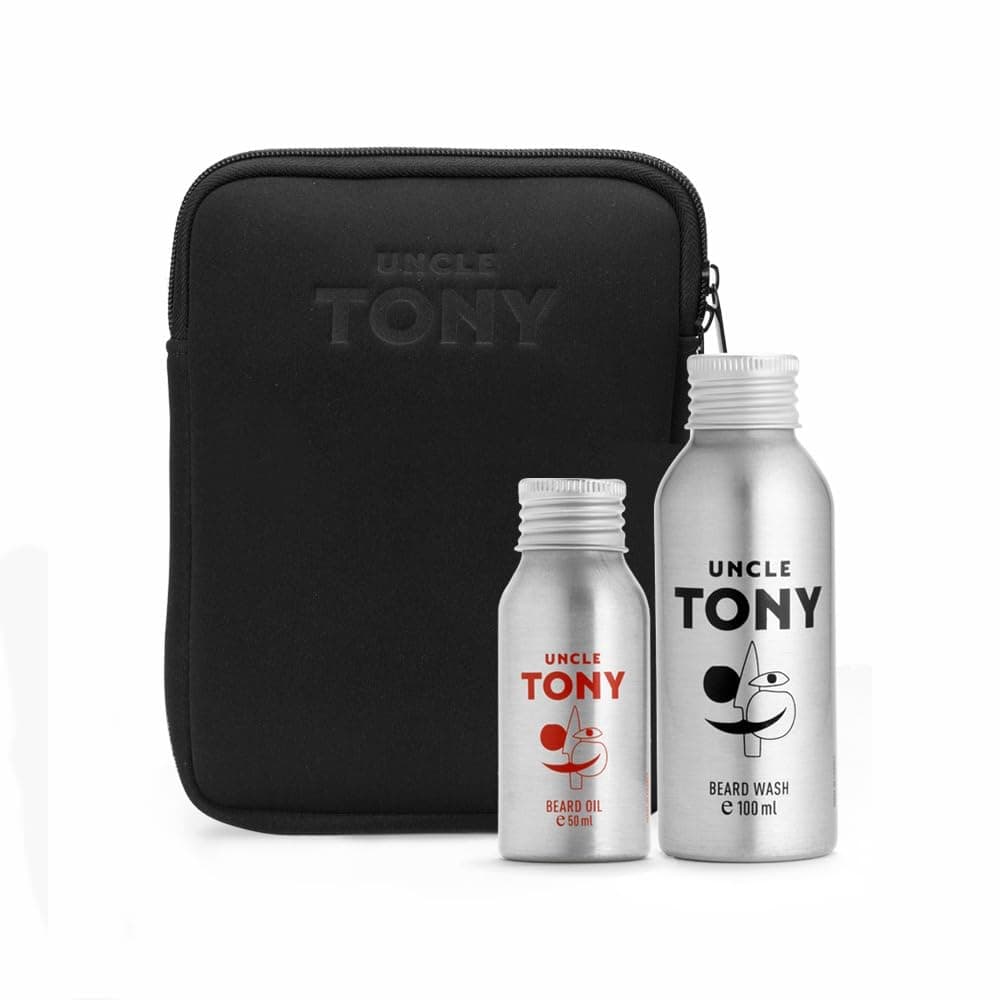 Uncle Tony Beard & Mustache Basics Grooming Kit for Men with Travel Pouch | 1 Beard Wash & 1 Hair Styling Oil for Long-Lasting Moisturization, Softens & Styles | Beard Oil for Thicker & Longer Beard
