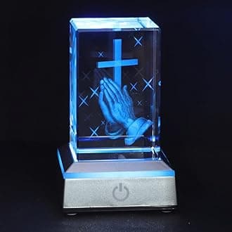 KOMI 3D Crystal Figurine Statue with LED Light Base, Laser Engraved Praying Hand Cross Statues Religious Gifts for Women Men, Night Light for Bedroom, Christian Catholic Gifts