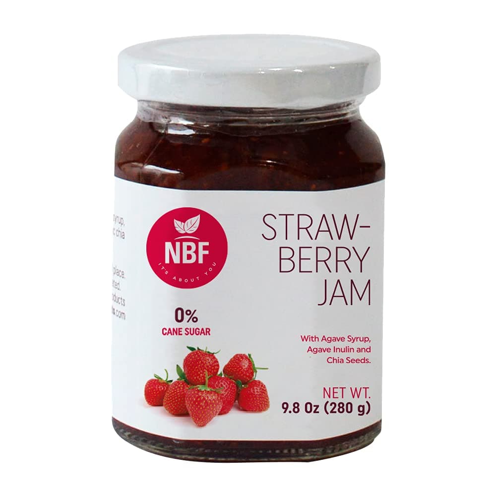 NBF No Sugar Added Strawberry Jam (9.8 Oz) Sugar Free Fruit Spread, Low Glycemic, Sweetened with Agave Syrup, Inulin Fiber, Chia Seeds, Keto Friendly, for bread