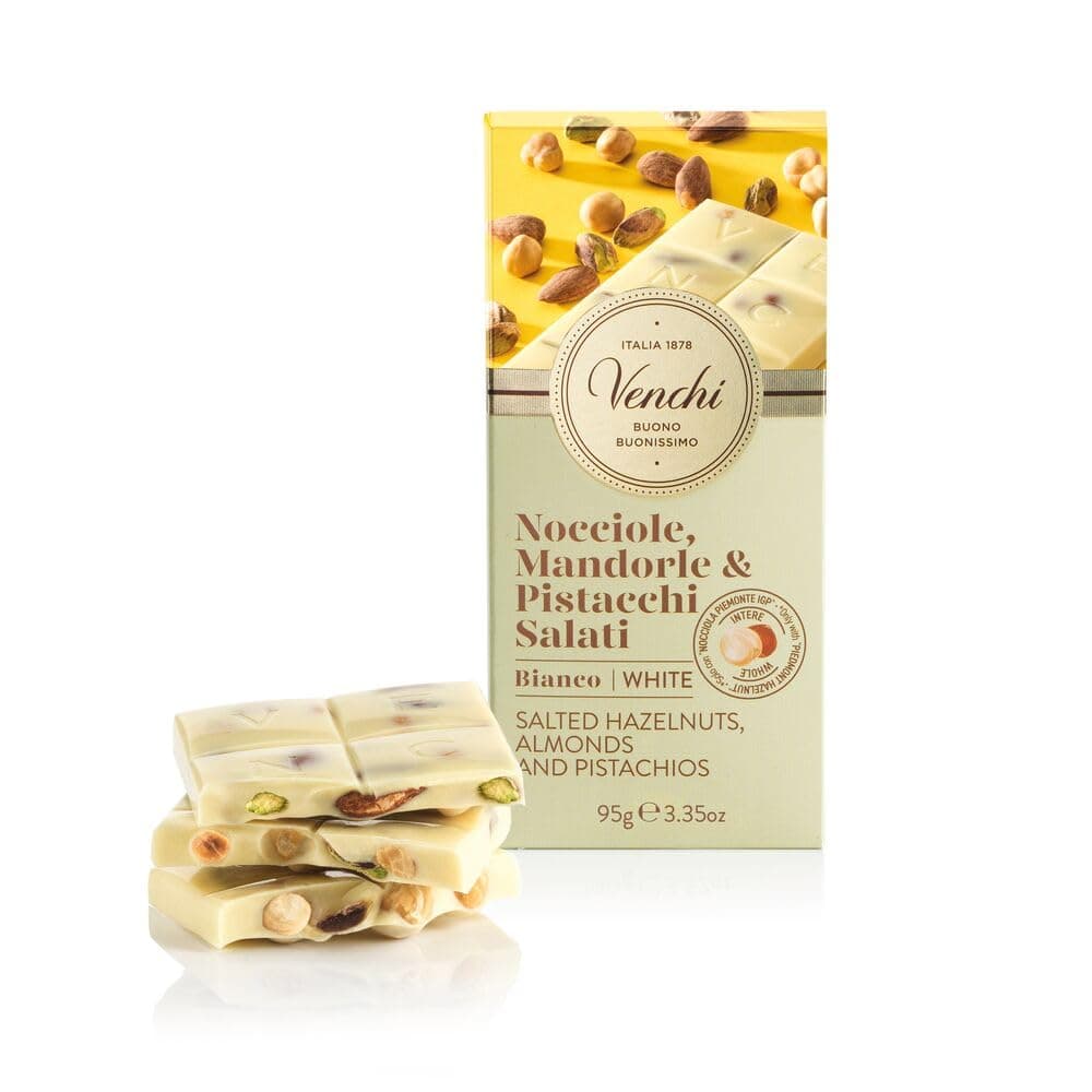 Venchi - Salted White Chocolate with Hazelnuts Bar, with Salted Hazelnuts, Almonds and Pistachios, 95g, with "Piedmont Hazelnut", Gluten-Free, No Colourants or Preservatives