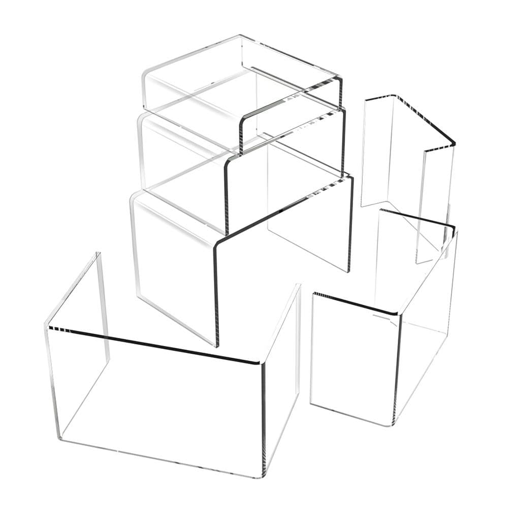 6PCS Clear Acrylic Risers for Display,Home Decor Jewelry Display Riser Shelf Showcase Fixtures and Showcase Shelf for Figures, Buffets, Cupcakes No Sticky Protective Film