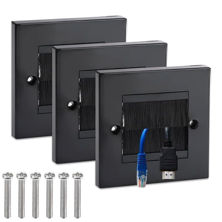 3 Pcs Brush Wall Plate Cable Passthrough Outlet, Mounted Faceplate, Single Gang Access Strap, Tidy Pass Through Insert, Standard Black Wallplate With Brushes