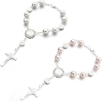 2-Piece Car Rosary & Cross Pendant Car Accessories, Rearview Mirror Hanging Ornament (White)